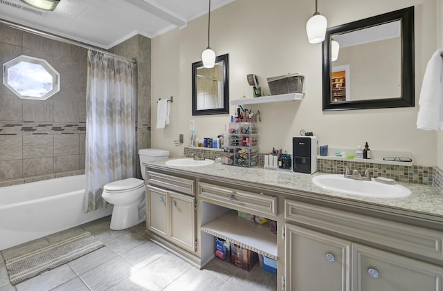 full bathroom featuring tile patterned floors, toilet, shower / tub combo, ornamental molding, and vanity