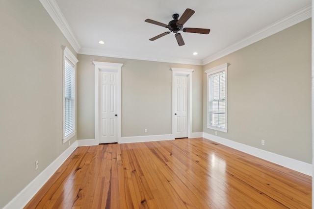 unfurnished bedroom featuring baseboards, ornamental molding, recessed lighting, a ceiling fan, and light wood finished floors