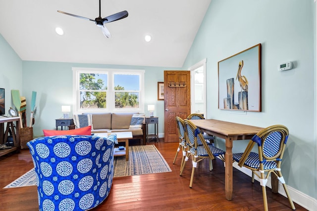 123 Jungle Rd, Edisto Island, SC 29438 - living area with vaulted ceiling, a ceiling fan, wood finished floors, and recessed lighting