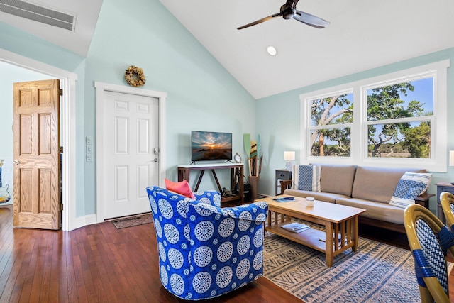123 Jungle Rd, Edisto Island, SC 29438 - living room with wood-type flooring, a ceiling fan, high vaulted ceiling, and recessed lighting