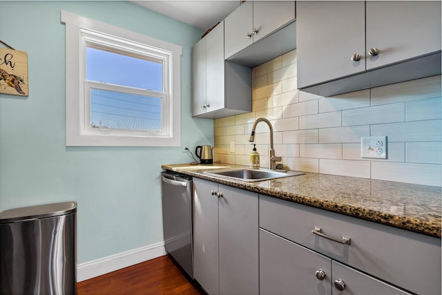 123 Jungle Rd, Edisto Island, SC 29438 - kitchen with dishwasher, backsplash, dark wood finished floors, gray cabinetry, and dark stone countertops