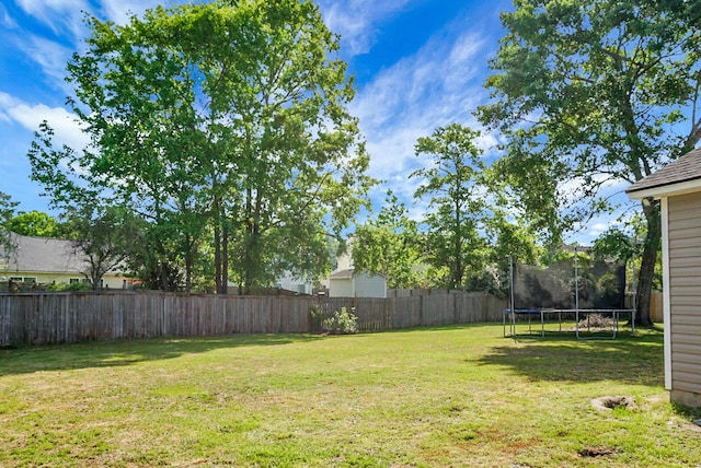 view of yard with a fenced backyard and a trampoline