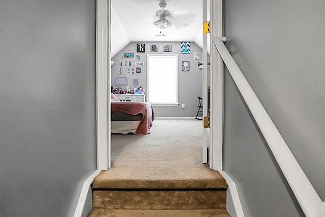 stairway featuring baseboards, ceiling fan, vaulted ceiling, and carpet floors