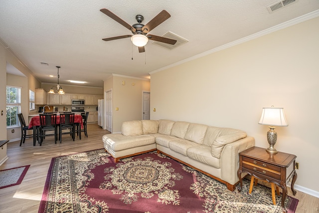 living room with ceiling fan with notable chandelier, sink, crown molding, light wood-type flooring, and a textured ceiling