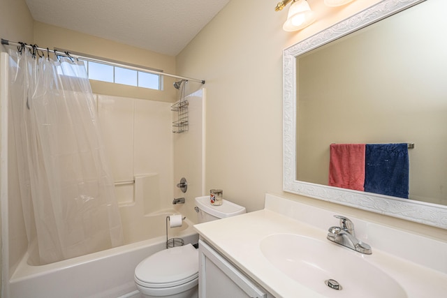 full bathroom with vanity, a textured ceiling, toilet, and shower / bathtub combination with curtain