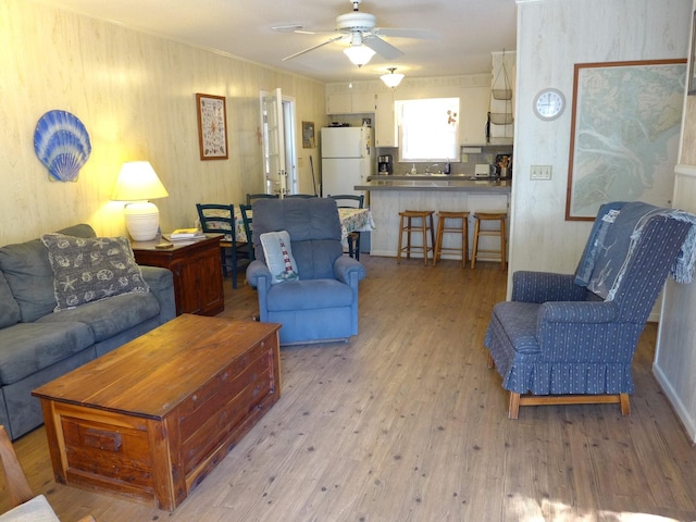 living room featuring ceiling fan and light hardwood / wood-style flooring