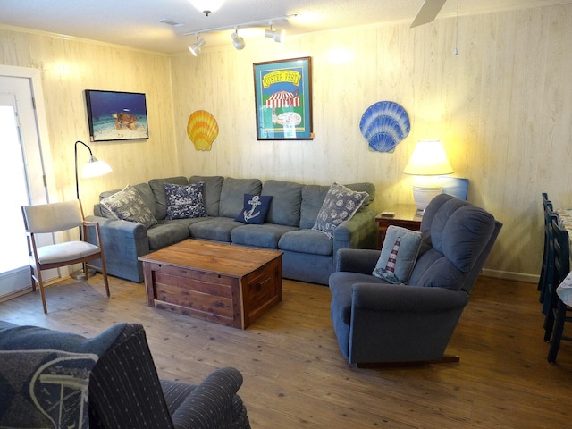 living room featuring wood-type flooring, rail lighting, and wooden walls