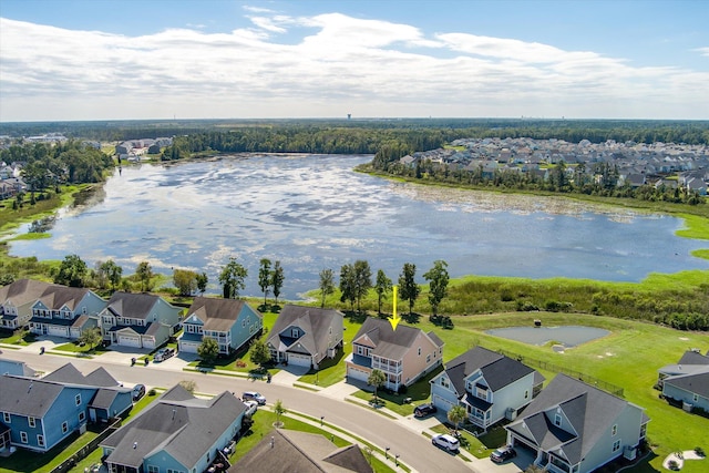 drone / aerial view with a water view