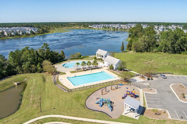 aerial view featuring a water view