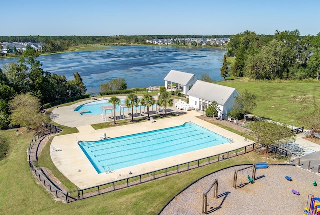 birds eye view of property featuring a water view