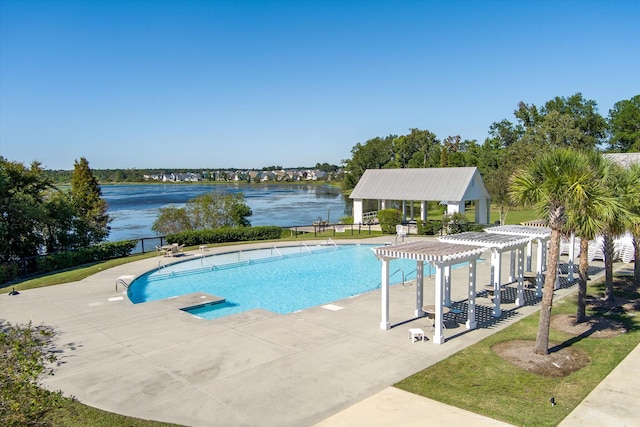 view of pool with a water view, a pergola, and a patio