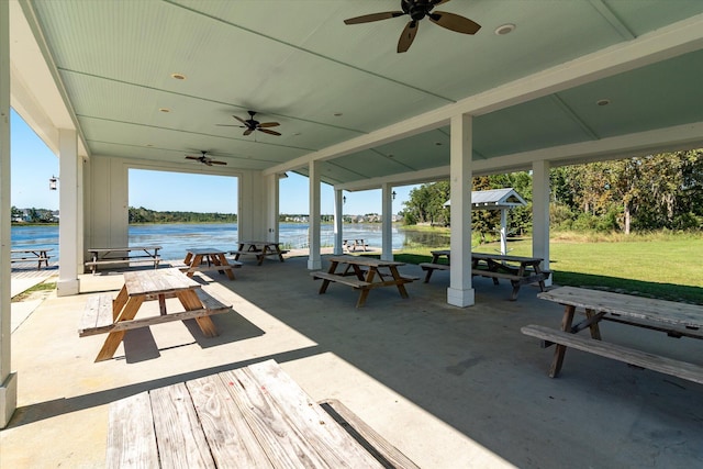 view of patio featuring a water view and ceiling fan