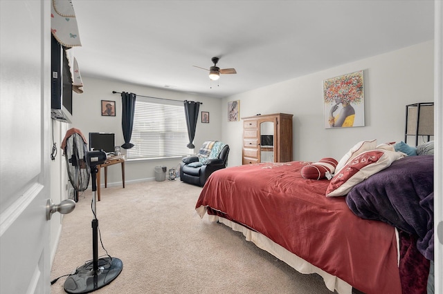 bedroom featuring carpet flooring, ceiling fan, and baseboards