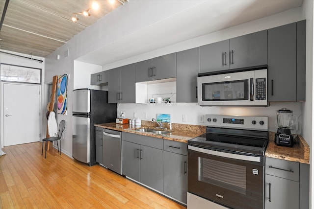 kitchen featuring light wood finished floors, gray cabinets, a sink, stone counters, and appliances with stainless steel finishes