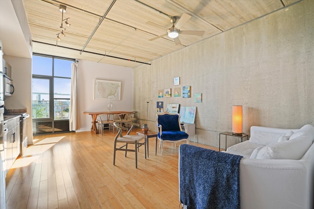 living area featuring ceiling fan and light wood finished floors