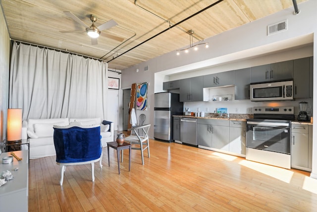 kitchen with ceiling fan, appliances with stainless steel finishes, a sink, light wood-type flooring, and visible vents