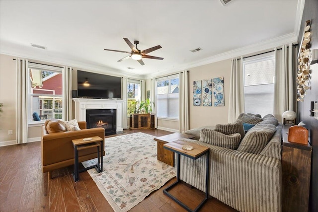 living area featuring visible vents, a fireplace with flush hearth, ornamental molding, and dark wood finished floors