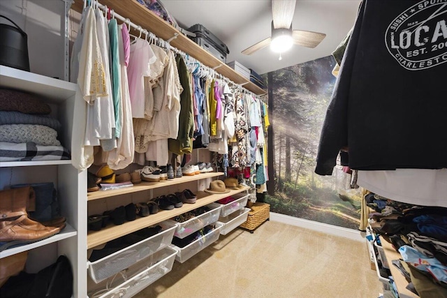 walk in closet featuring a ceiling fan and carpet flooring