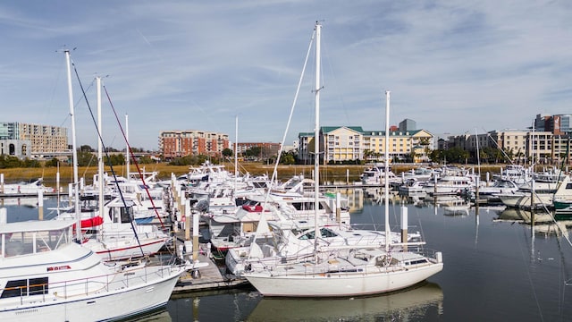 view of dock with a water view