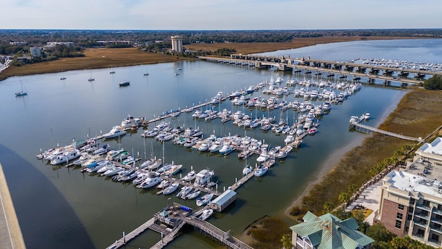 drone / aerial view with a water view