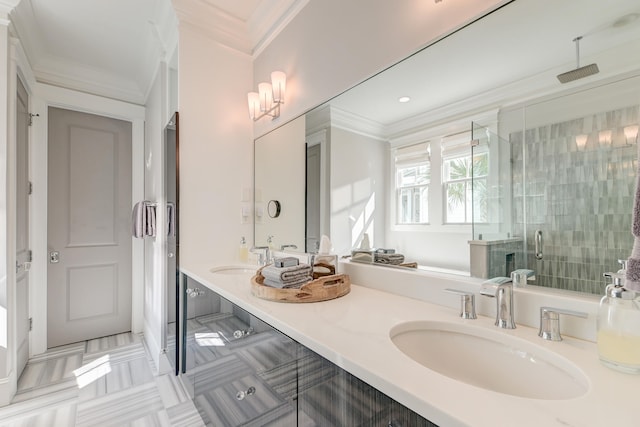 bathroom with ornamental molding, an enclosed shower, and vanity