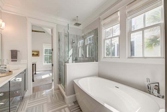 bathroom featuring vanity, crown molding, and plus walk in shower