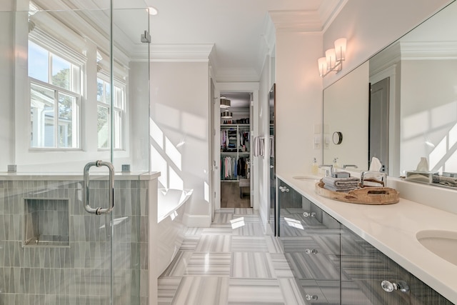 bathroom featuring vanity, a shower with shower door, and ornamental molding