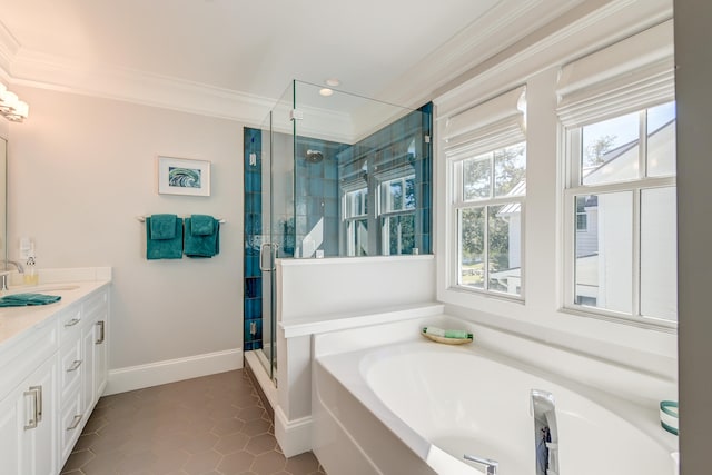 bathroom featuring ornamental molding, plus walk in shower, tile patterned flooring, and vanity