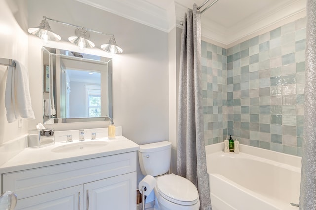 full bathroom with ornamental molding, vanity, toilet, and shower / bath combo