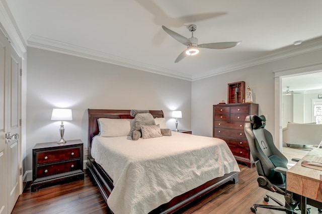 bedroom featuring dark wood-type flooring, ceiling fan, and ornamental molding