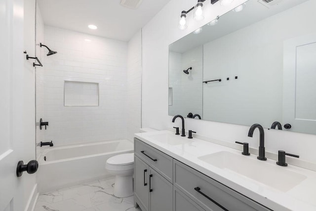 2924 Chicora Ave, North Charleston, SC 29405 - bathroom featuring double vanity,  shower combination, marble finish floors, and recessed lighting
