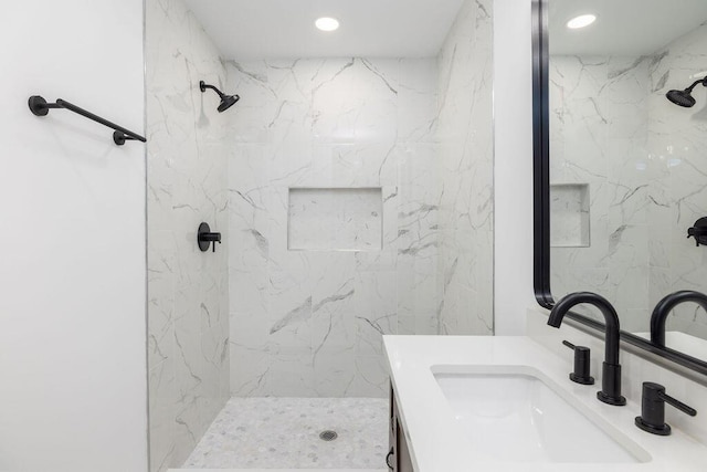 2924 Chicora Ave, North Charleston, SC 29405 - bathroom featuring a marble finish shower, vanity, and recessed lighting