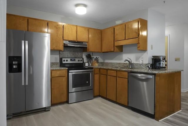 kitchen featuring decorative backsplash, stainless steel appliances, light hardwood / wood-style flooring, and sink