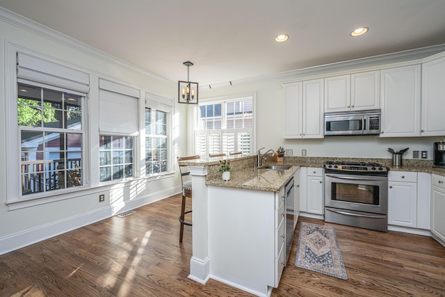 kitchen featuring white cabinets, stainless steel appliances, crown molding, and a sink