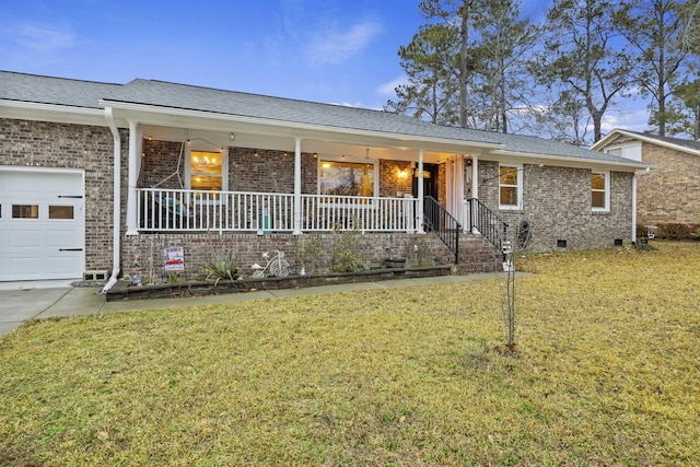 ranch-style home with a porch, a garage, and a front lawn