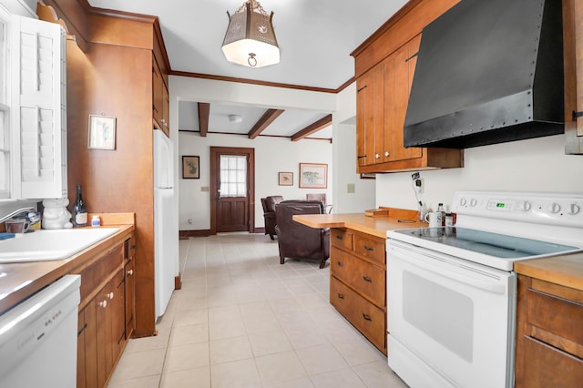 kitchen featuring a sink, brown cabinets, white appliances, beamed ceiling, and ventilation hood