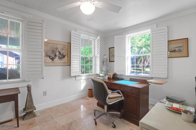 office space featuring baseboards, a ceiling fan, and crown molding