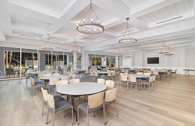 dining room featuring coffered ceiling, light wood-style floors, a chandelier, and beamed ceiling