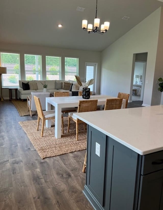 kitchen with pendant lighting, plenty of natural light, dark hardwood / wood-style floors, and vaulted ceiling