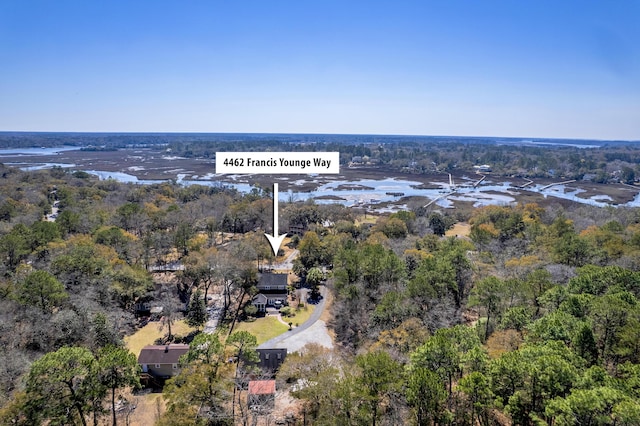 drone / aerial view featuring a water view and a wooded view