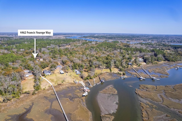 birds eye view of property featuring a forest view and a water view