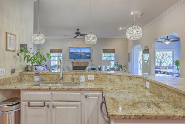 kitchen with a sink, a healthy amount of sunlight, open floor plan, and a ceiling fan