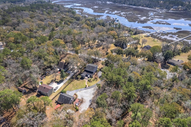 birds eye view of property with a water view and a view of trees