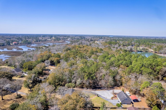 drone / aerial view featuring a view of trees and a water view