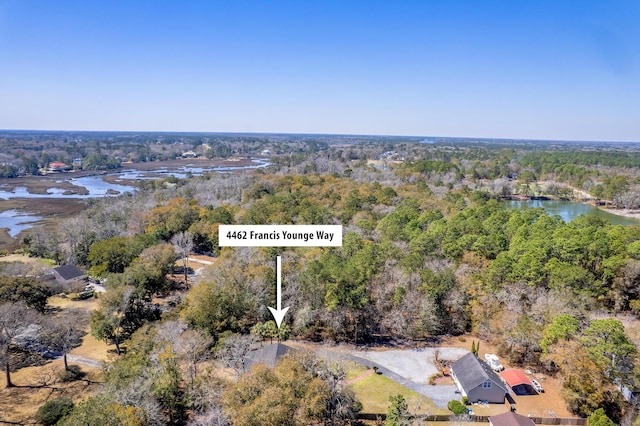 bird's eye view with a view of trees and a water view