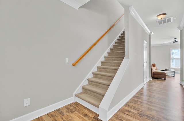 stairway with ceiling fan, hardwood / wood-style flooring, and crown molding