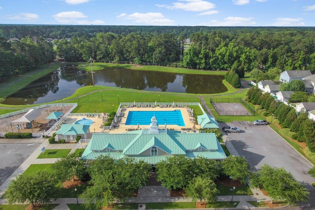 birds eye view of property featuring a water view