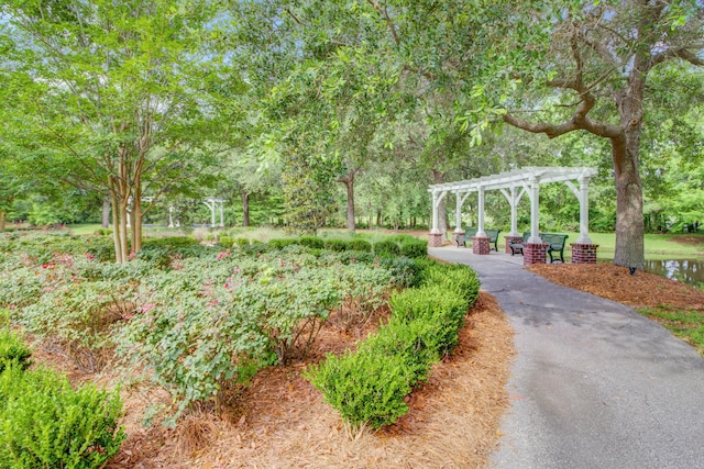 view of property's community featuring a pergola and a water view