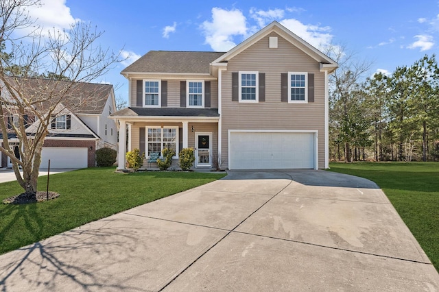 traditional-style house with an attached garage, driveway, and a front lawn