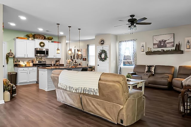 508 Glady Rd, Moncks Corner, SC 29461 - living area with dark wood-type flooring, a ceiling fan, and recessed lighting